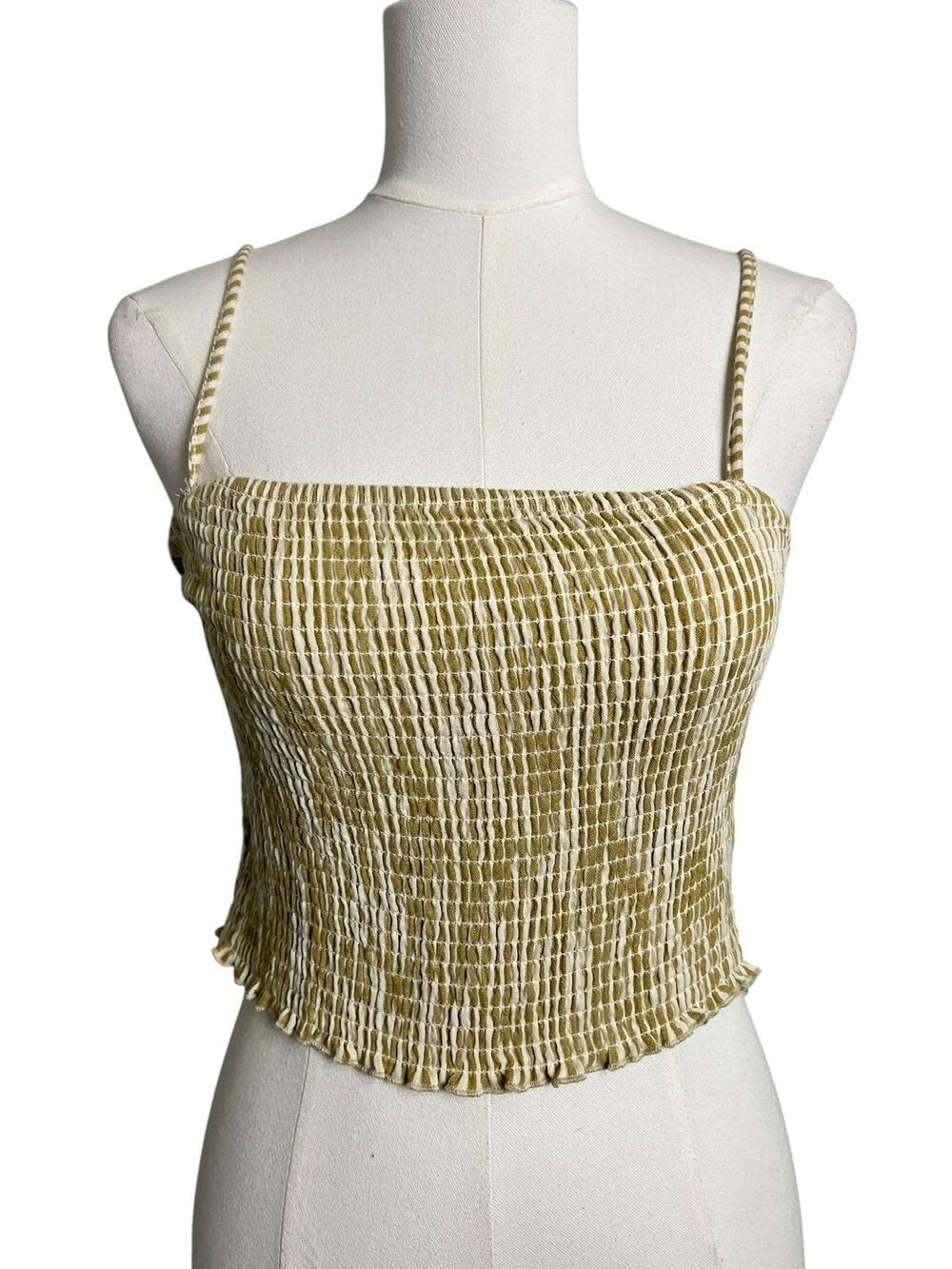 SISSTR Tank Top Womens Medium Green Smocked Square Neck Stretch Cropped Cami